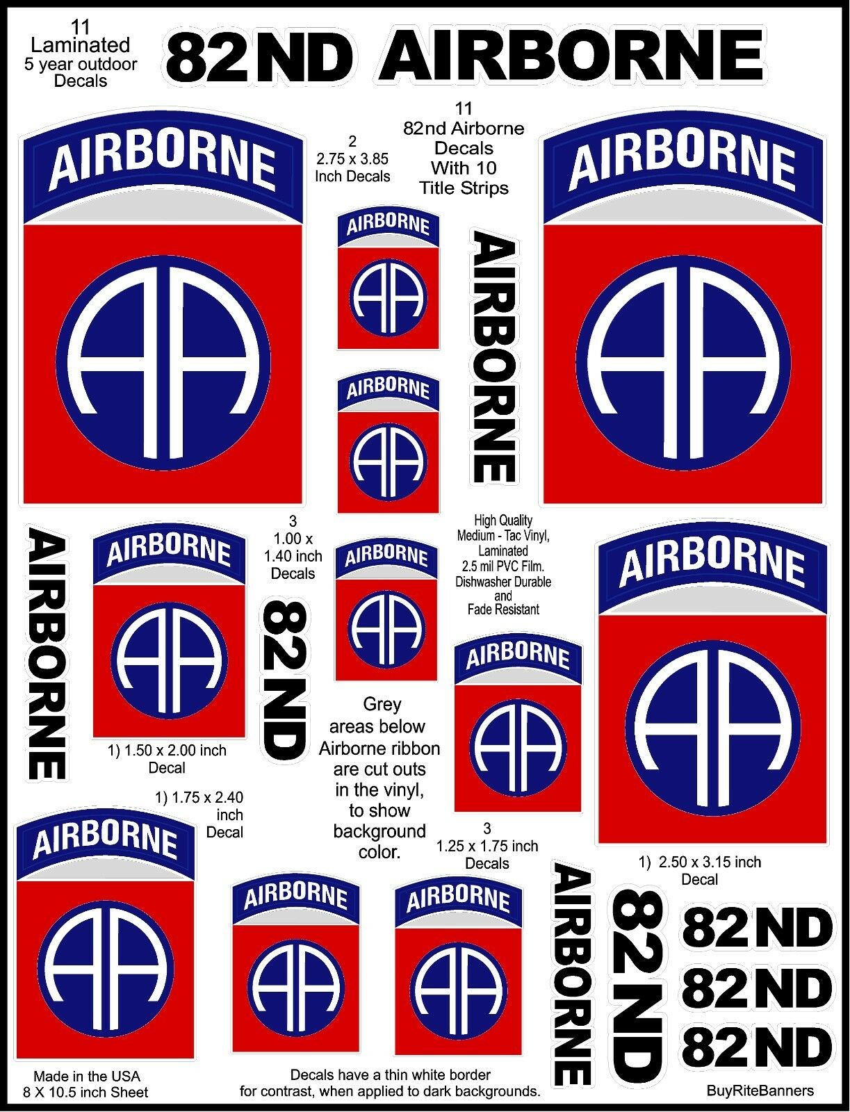 82nd Airborne Us Army Decals Stickers. 11 Stickers. Laminated For Durability